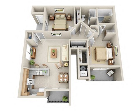 Floor plan for 2 beds, 2 baths, 997 sqft